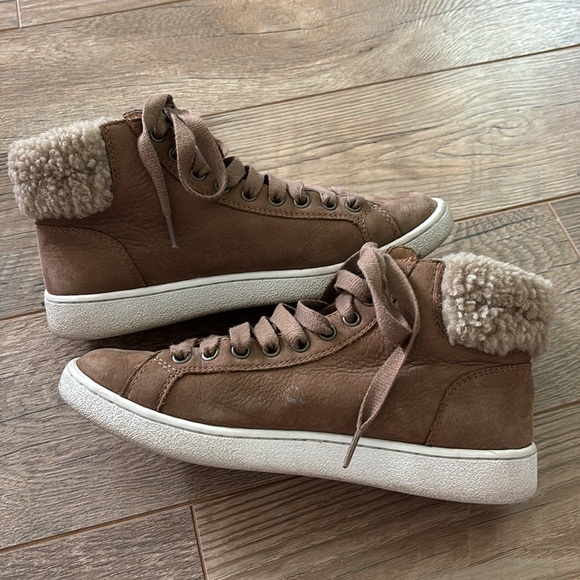 Ugg Olive-Style High-Top Sneaker Chestnut Leather Sherpa Cuff w/Laces Size 7.5 - Picture 5 of 8